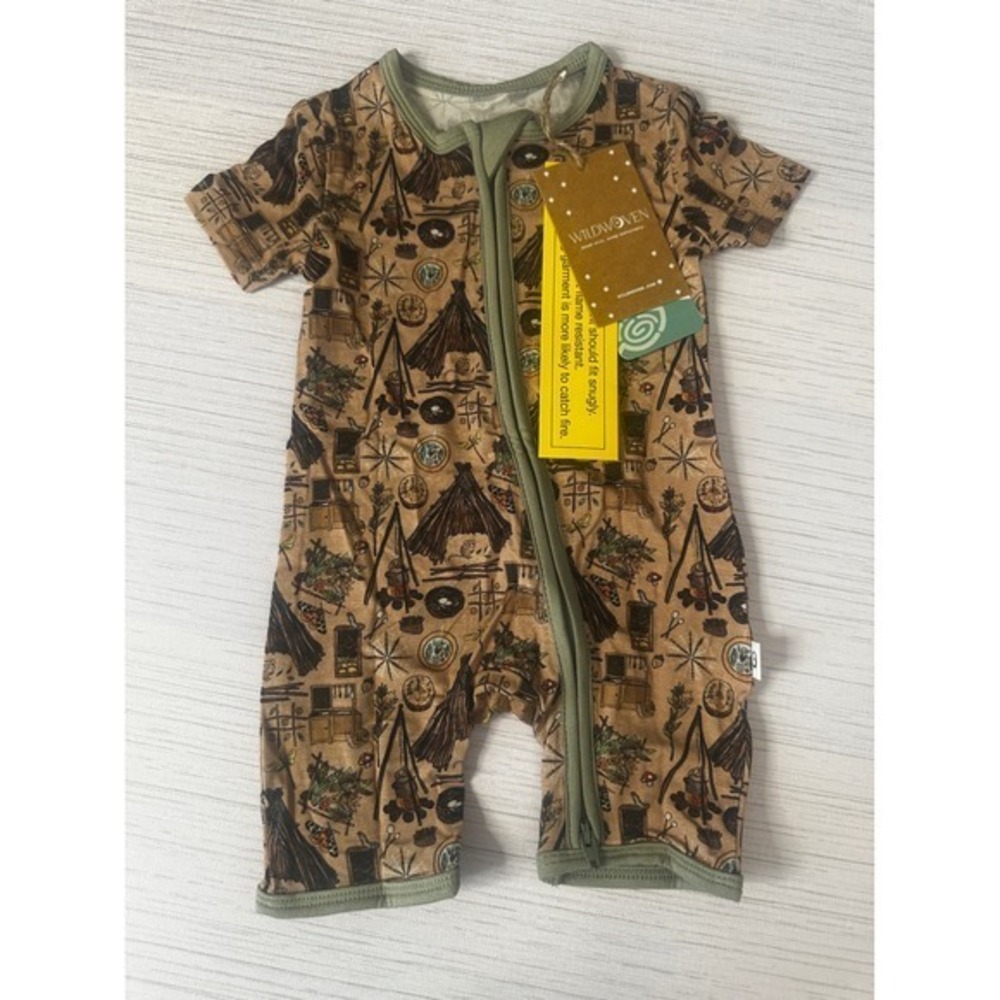 Wildwoven Woodland Camping Print Tencel Modal Zipper Romper 3-6M Brown Green